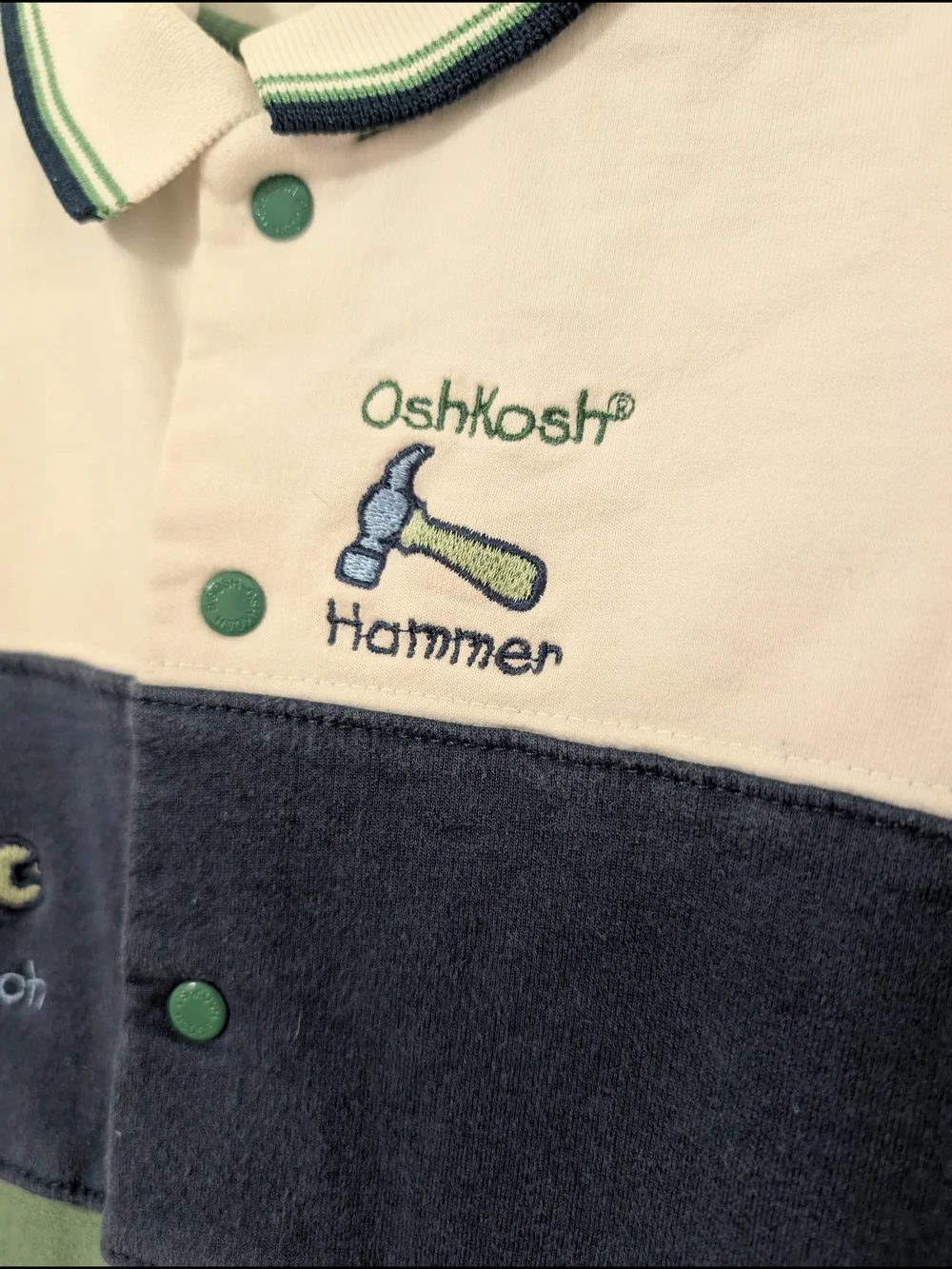 Y2K Vintage OshKosh B'gosh Green,‎ Navy & White Embroidery Tool Themed Romper